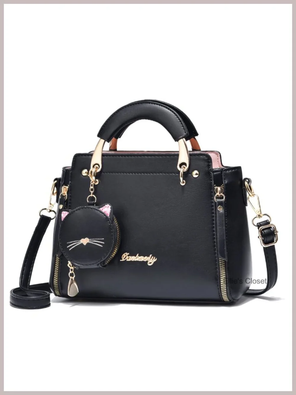 PU Leather Satchel Crossbody Bag with Kitten Pendant Sequins Fashion Shoulder